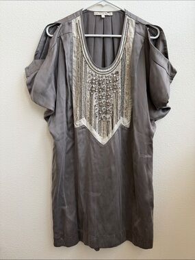 Burning Torch Grey Silk Beaded Mini Dress Size S